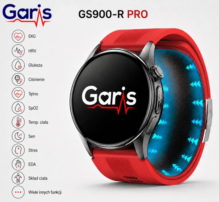 Kardiowatch EKG GARIS GS900-R PRO - czerwony pasek silikonowy - 2.png
